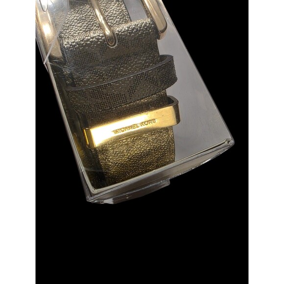 Michael Kors Women's Signature Logo Belt L/XL Gold On Gold w Gold Tone Hardware - Picture 5 of 10